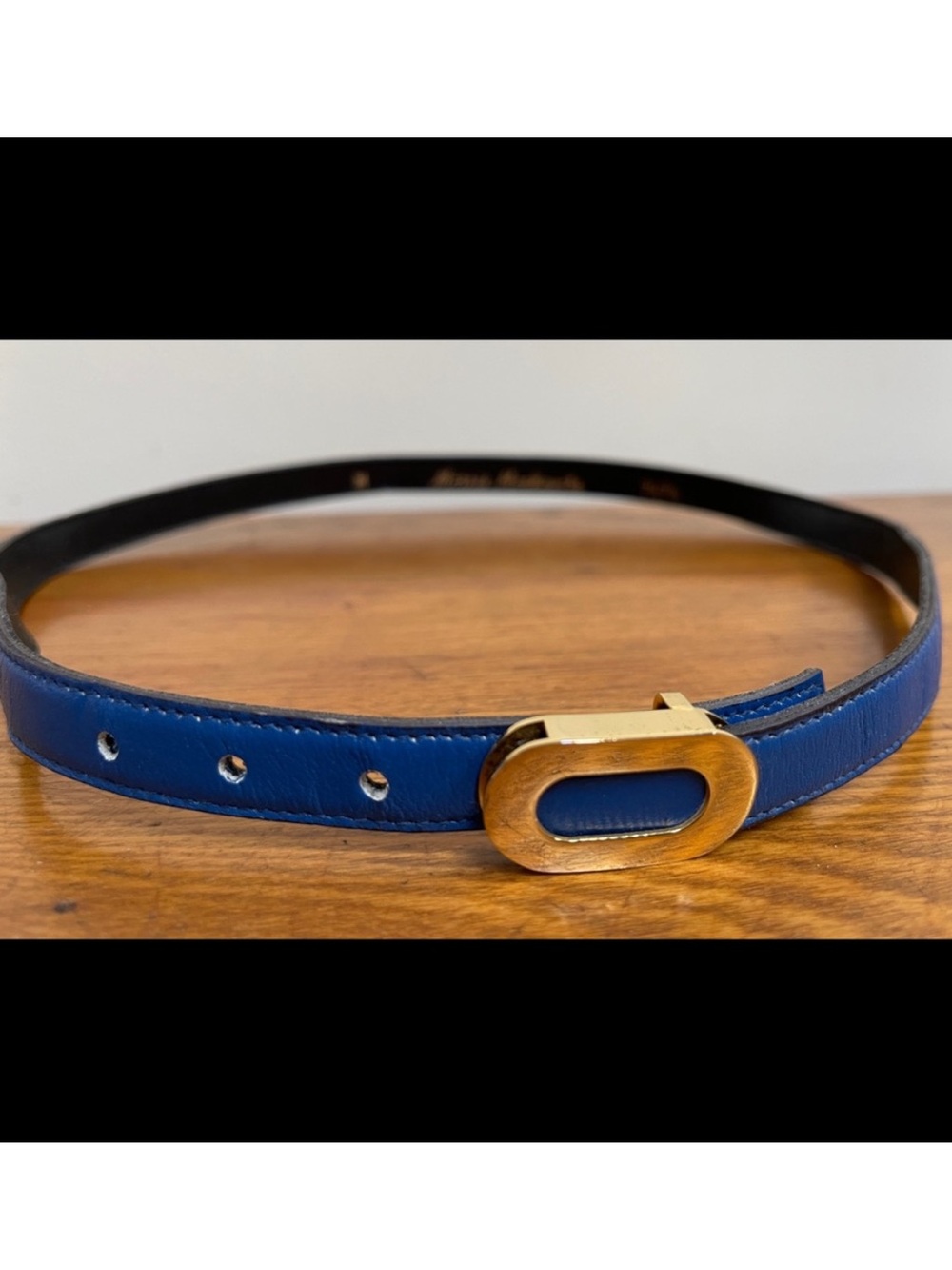 Vintage Designer Skinny Blue Belt Size S Gold Trim Oval Buckle
